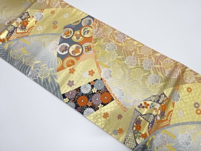 JAPANESE KIMONO / VINTAGE FUKURO OBI / SILK / WOVEN KIKU & WEEPING SAKURA